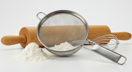 Baking setup flour sifter rolling pin whisk and flour pile on a white surface