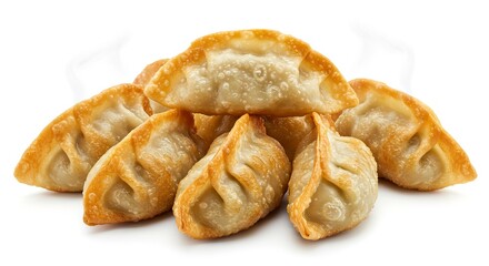 Crispy fried dumplings goldenbrown and folded stacked on a white surface