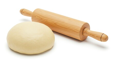 Dough ball sits beside a wooden rolling pin on a white background