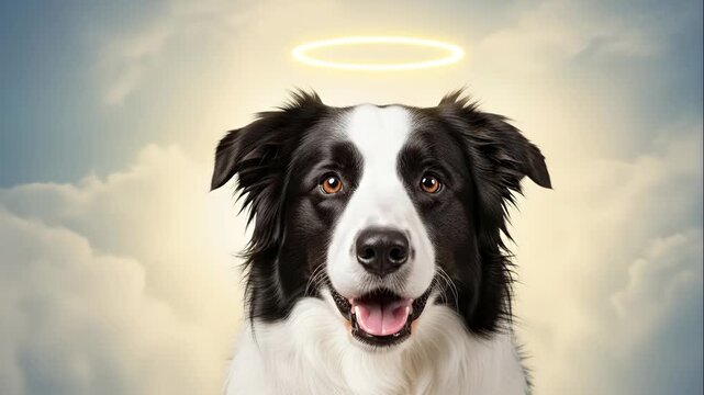 Angelic Dog Portrait - A close-up of a black and white border collie is shown against a sky background. The dog has a halo above its head and is smiling.