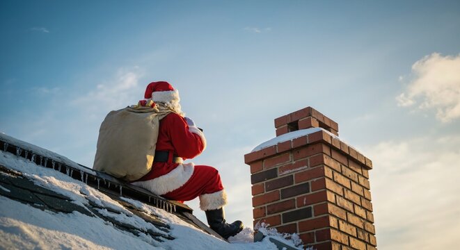 Santa Claus sits on a snow-covered roof near a brick chimney with a sack of gifts