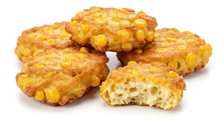 Goldenbrown corn fritters one with a visible interior on a white background