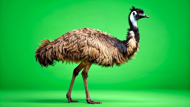 Emu Bird Standing on Green Background with Brown Feathers.
