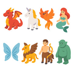 Obraz premium Fantasy Creature Icons. Fantasy Creatures isometric set. dragon, unicorn, phoenix, mermaid, fairy wings, griffin, centaur, troll.