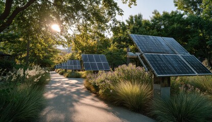 Solar panels installed along a scenic pathway surrounded by lush greenery and trees
