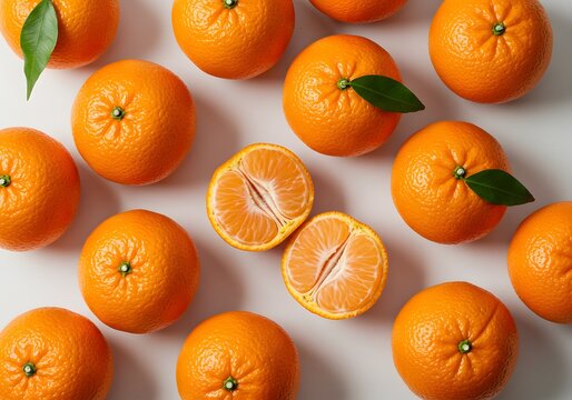 Flat lay composition of tangerines on a white surface
