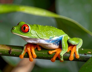 Vibrant red-eyed tree frog on branch (1)