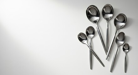 Seven shiny metal spoons of varying sizes arranged on a white surface
