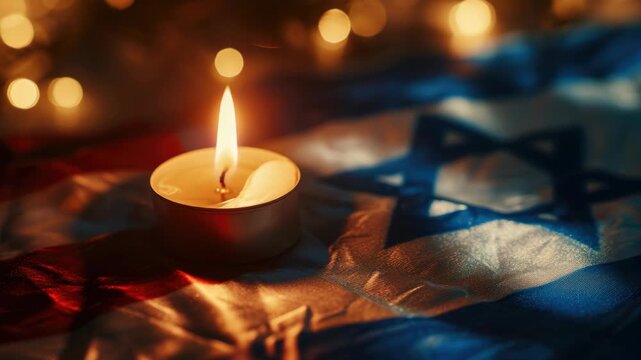 A single candle with a lit wick set against the backdrop of an Israeli flag. The candle casts a warm glow and highlights the intricate design of the flag's stars and stripes.