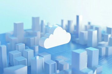 Naklejka premium Minimalist 3D cityscape with a floating white cloud icon symbolizing cloud computing and smart urban connectivity, ideal for IT infrastructure, smart city, and digital technology concepts
