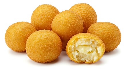 Six goldenbrown round croquettes one split open revealing a creamy potato filling sit on a white background