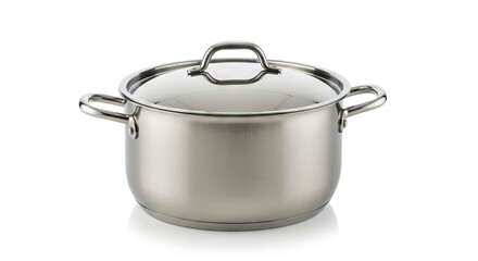 Silver stainless steel pot with a transparent lid and handles Isolated on white