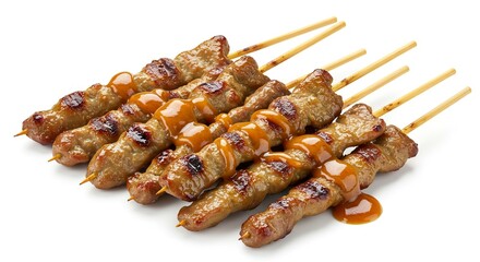 Six grilled meat skewers drizzled with sauce on a white surface
