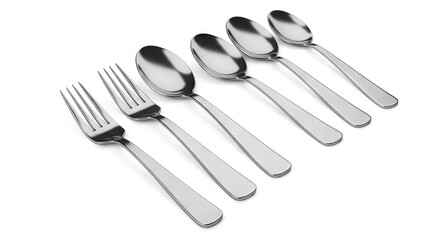 Six silver utensils line up Two forks lead followed by four spoons