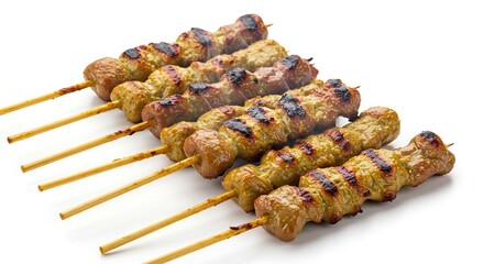 Six grilled meat skewers lay diagonally on a white surface