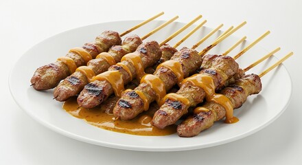 Six skewers of grilled meat with sauce on a white plate
