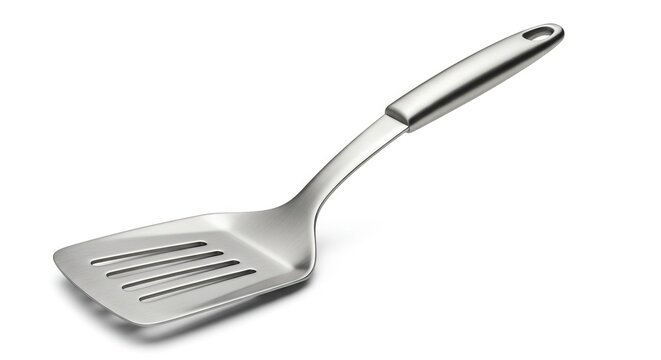 Silver spatula with slots on a white background
