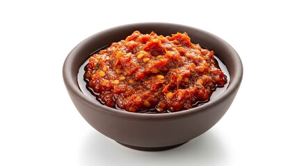 Spicy chili paste fills a brown ceramic bowl on a white surface