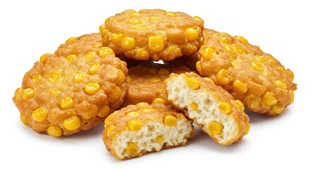 Stack of fried corn fritters one split in half reveals a fluffy inside with scattered corn kernels