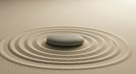 Naklejka premium Stone sits center in swirling sand; zen garden, ripples, simplicity