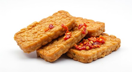 Stack of fried tempeh topped with red pepper flakes presented against a plain white backdrop