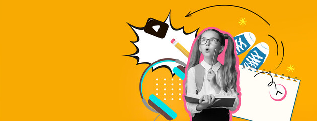 A girl with glasses stands with a notebook, surprised and thoughtful. Colorful school-related elements surround her, creating an energetic and vibrant atmosphere perfect for learning.