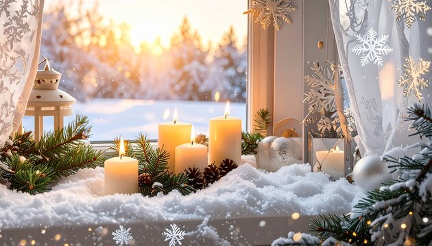 Fensterbank mit winterlicher Weihnachtsdekoration und Schneefall drau&szlig;en