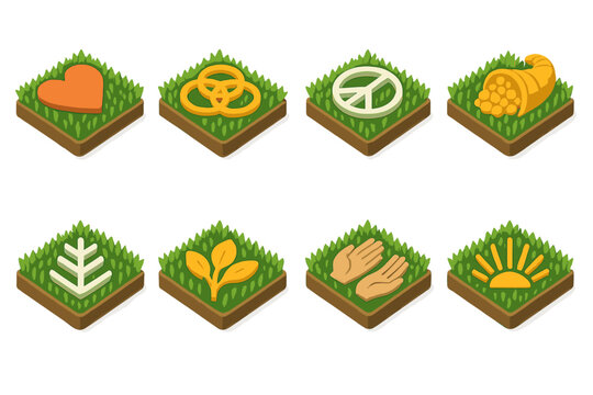 Isometric Symbolic Fields. Symbolic fields isometric set. heart field, unity field, peace field, abundance field, prosperity field, harmony field, gratitude field, blessing field.