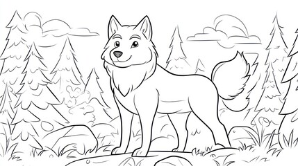 Outlined dog in forest scene, coloring page