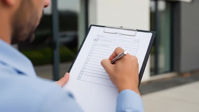 Man Checks List on Clipboard Outdoors