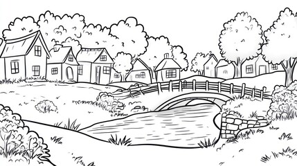Obraz premium Village houses, bridge over stream; trees backdrop; coloring page use