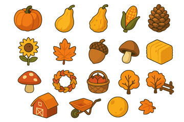 Autumn Harvest Icons. Autumn accents isometric set. pumpkin, squash, gourd, corn, sunflower, leaf, acorn, pinecone, mushroom, wreath, basket of apples, hay bale, barn, wheelbarrow