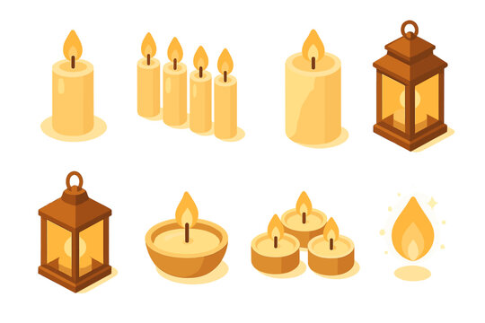 Modern Candle Icons. Classic vigils isometric set. single candle, row of candles, group of candles, tall pillar candle, lantern candle, floating candle, tea light cluster, glowing
