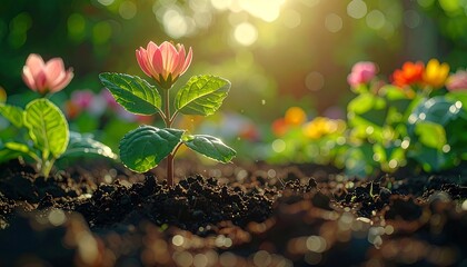 Vibrant seedling emerging from soil, sunlight