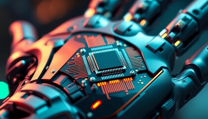 Close-up of a futuristic microchip implanted in a prosthetic palm,  tiny,  device