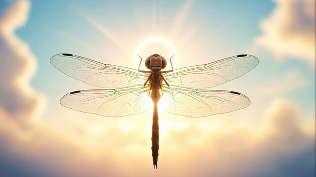 Dragonfly Against The Sun - This video showcases a dragonfly with its wings spread wide, silhouetted against a bright sun and cloudy sky.