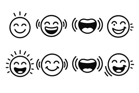 Playful Laughter Icons. Laughter echo outline set. smiling face, laughing face, sound waves, open mouth, echo lines, playful eyes, cheerful burst, giggle motion.