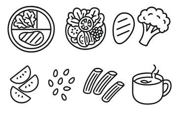 Balanced Meal Icons. Clean plate outline set. portioned meal, colorful salad, grilled chicken, steamed broccoli, whole wheat pasta, fruit slices, seed topping, herbal tea.