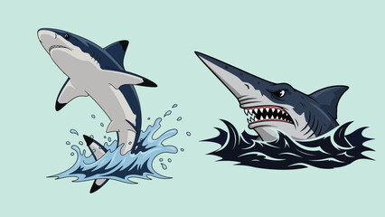 Two sharks in water with different styles and expressions bundle design