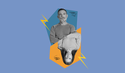 This artwork showcases a dynamic collage featuring two individuals against a colorful background.