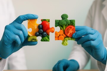 Medical hands in blue protective gloves carefully align vibrant fruit and vegetable puzzle pieces, symbolizing essential nutrition for holistic health and wellness