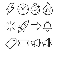 Fototapeta premium Flash Sale Iconography. Flash sale banner outline set. lightning bolt, clock, stopwatch, flame, spark, rocket, arrow, starburst, bell, tag, ticket, loudspeaker.