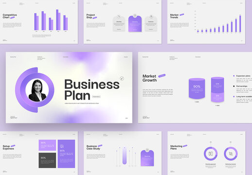 Modern Business Plan Presentation Template with Purple Gradient Accents