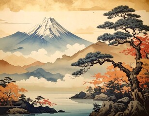 和風の山と湖の風景