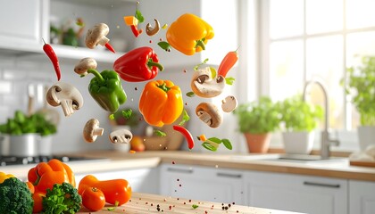 Colorful Vegetables Floating in a Kitchen, Healthy Food and Cooking Concept