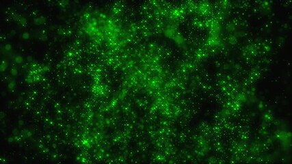 An abstract green background filled with glitter, shine, and shimmer. Stars or sparks scattered throughout the video. An abstract green glow with many flickering dots.