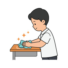 A diligent young boy in a white shirt meticulously cleans a wooden desk with a blue cloth, promoting hygiene and responsibility.