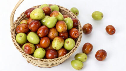 Ripe Jujubes in basket on white surface isolated on white background Top View