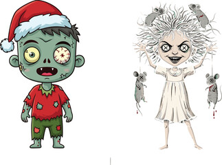 Christmas zombie cartoon, festive horror character, Santa hat monster, creepy girl with rats, scary holiday humor, undead children illustration, Christmas zombie