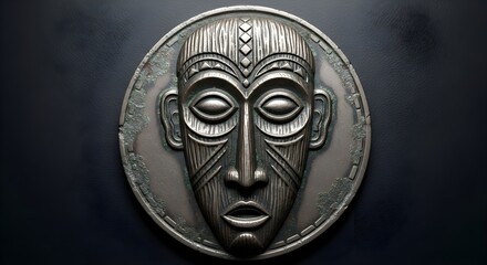 Silver Tribal Mask Coin with Carved Ethnic Patterns and Elongated Features, Reflecting Ancient Cultural Heritage, Spiritual Symbolism, and Artistic Craftsmanship in a Dramatic Numismatic Design

